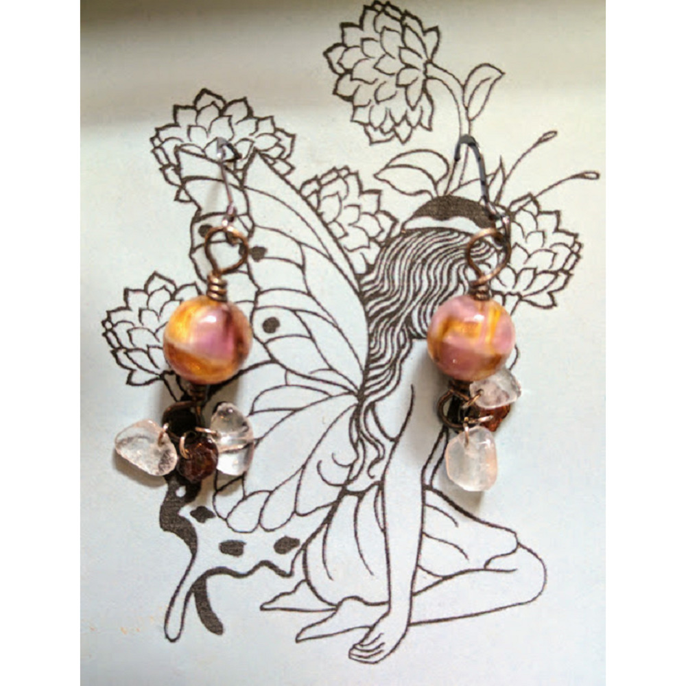 Hand Beaded Earrings w/ Crystal Seed, Glass, Semi Precious Stone Sunset Dangle